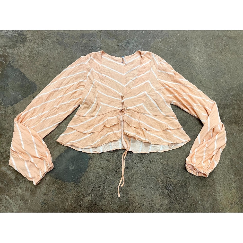 Free People Samifran Ruffled Cropped Top Women M Peach Striped Peplum Hem V Neck